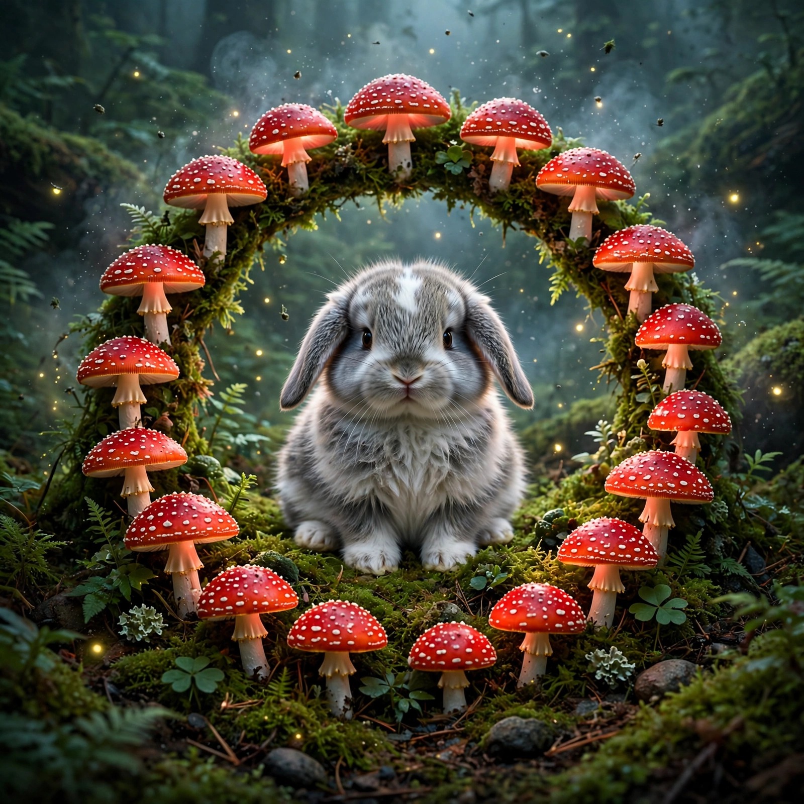 Floppy-eared bunny in a glowing mushroom fairy ring in a misty forest
