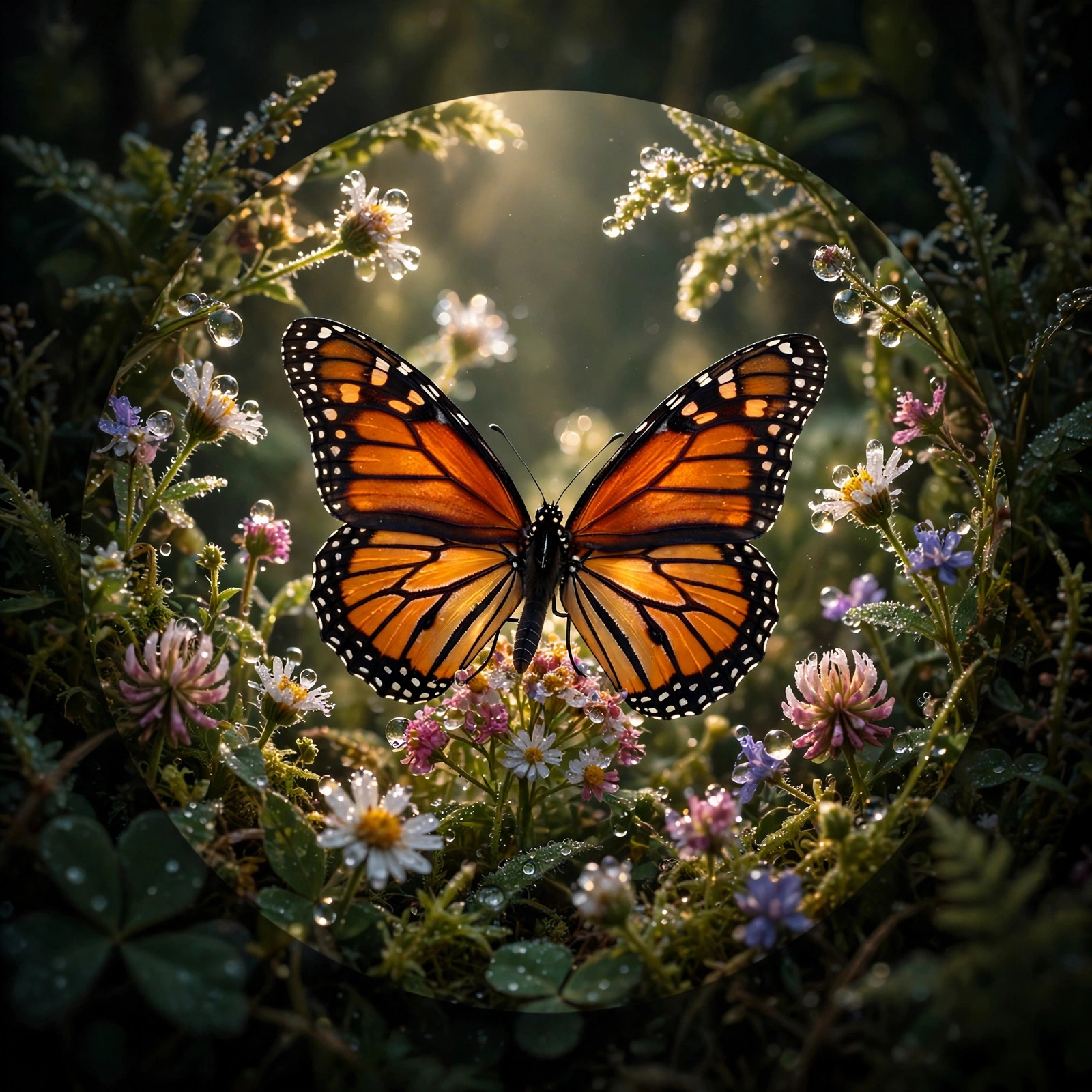Monarch butterfly with orange wings resting on dew-covered wildflowers at sunrise