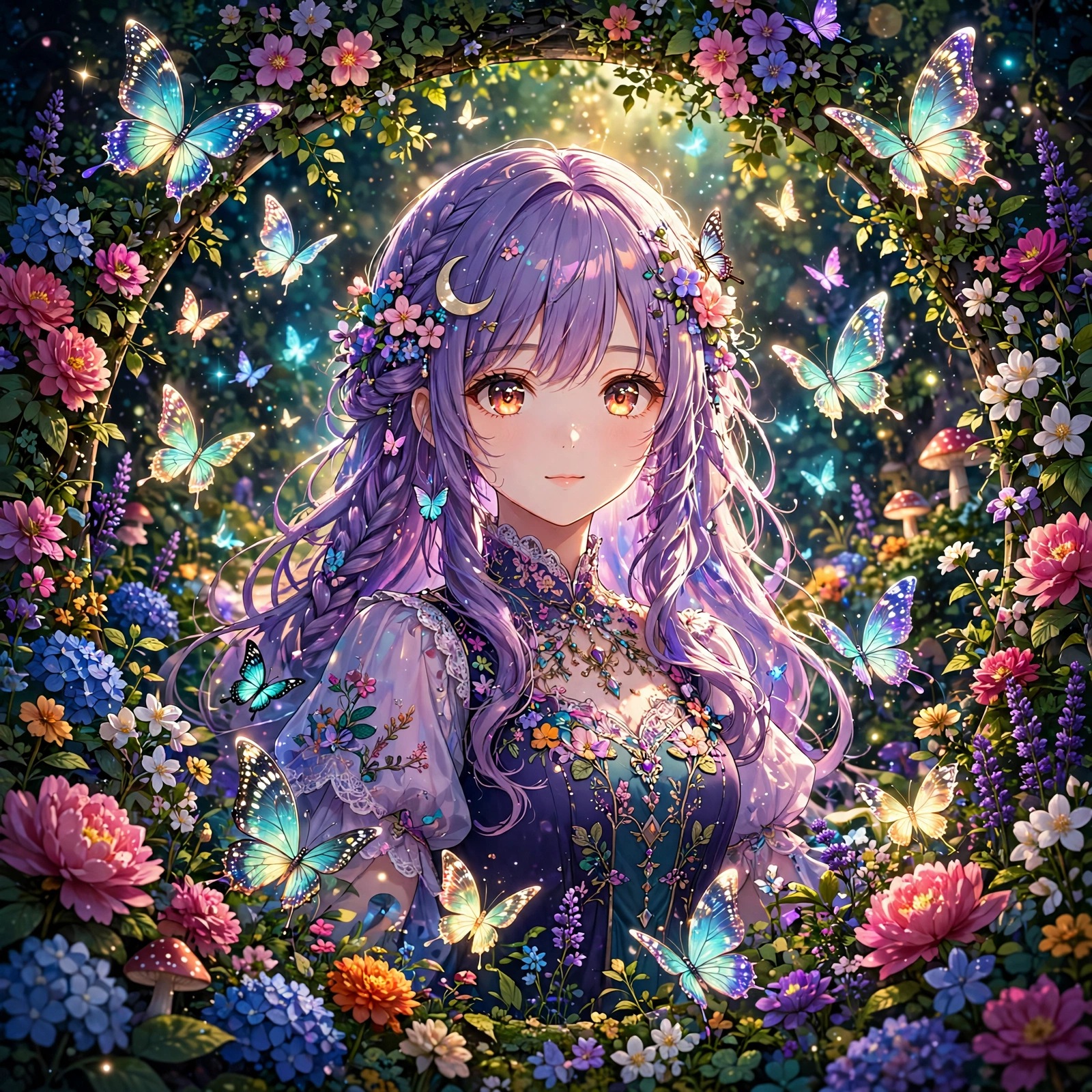 Anime girl surrounded by glowing butterflies in a flower garden