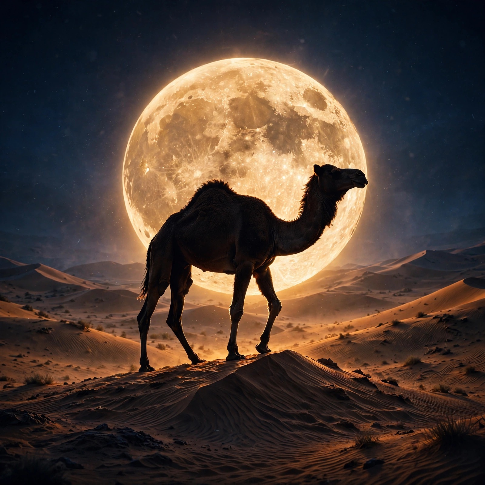 Camel silhouette on a dune ridge before a huge glowing full moon in the desert