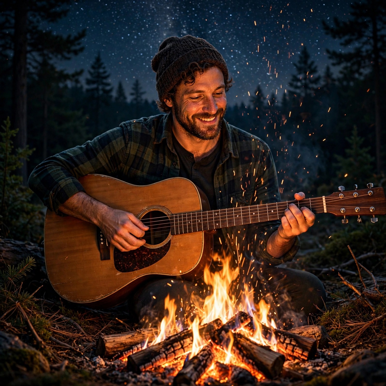 guitarist with acoustic guitar beside campfire night boys dp