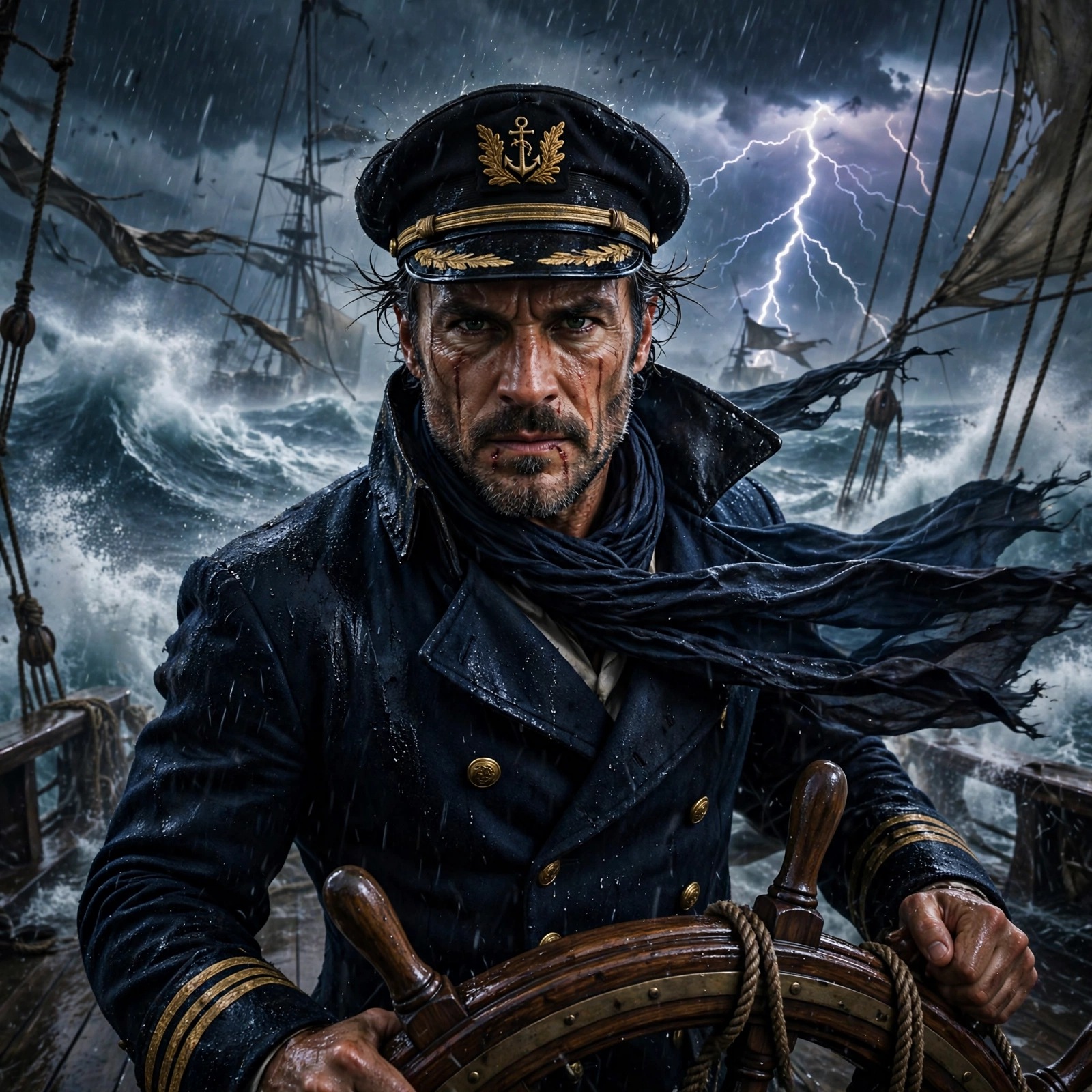 sea captain at ship helm in storm with lightning attitude dp