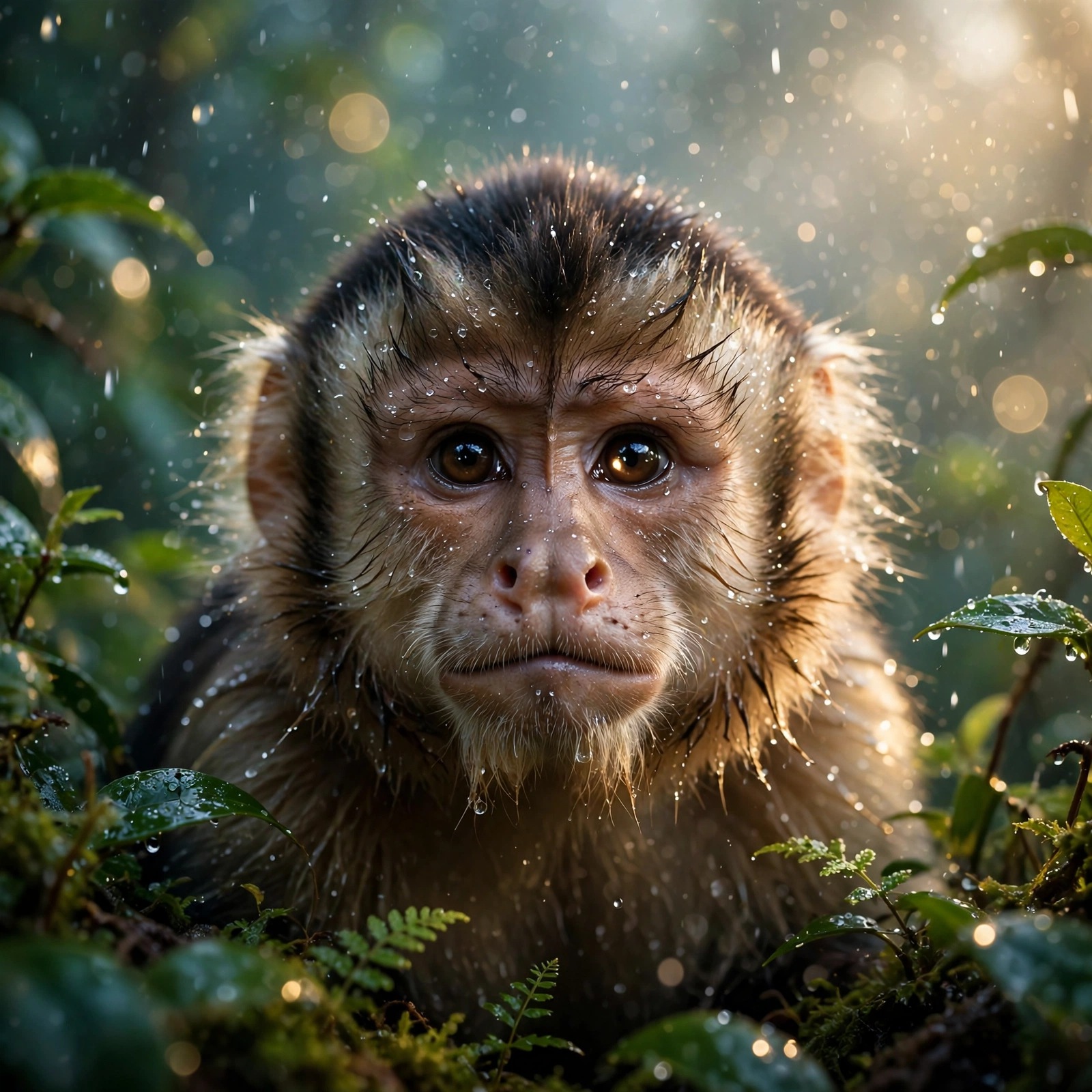 Capuchin monkey close-up in misty rainforest with dawn light and water droplets