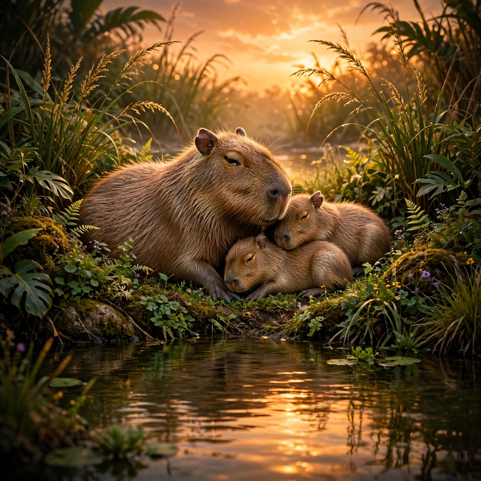 Capybara Family at Sunset Riverbank
