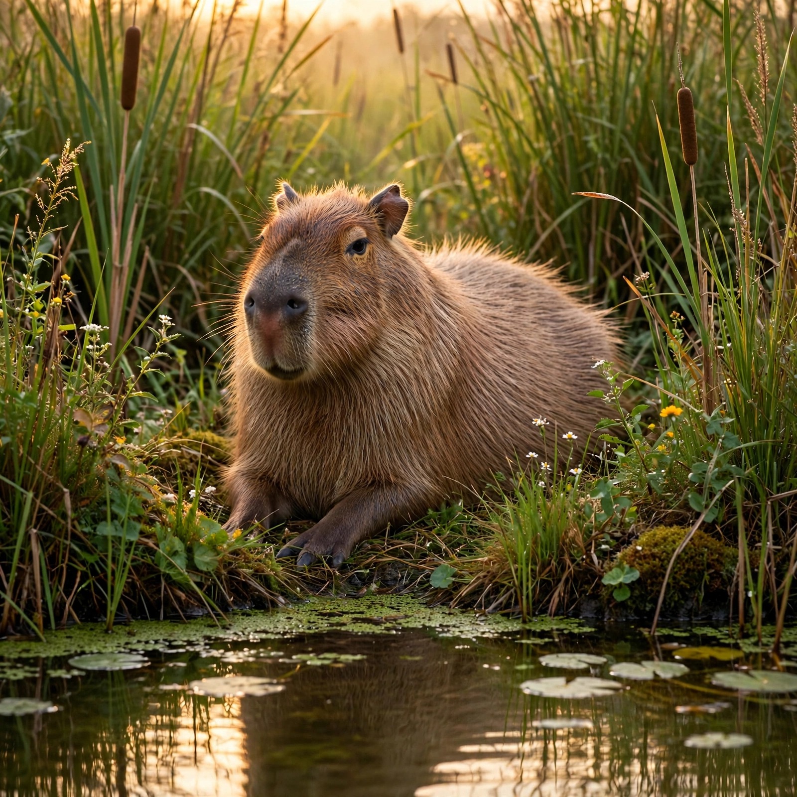 Capybara resting in wetland grass beside calm water