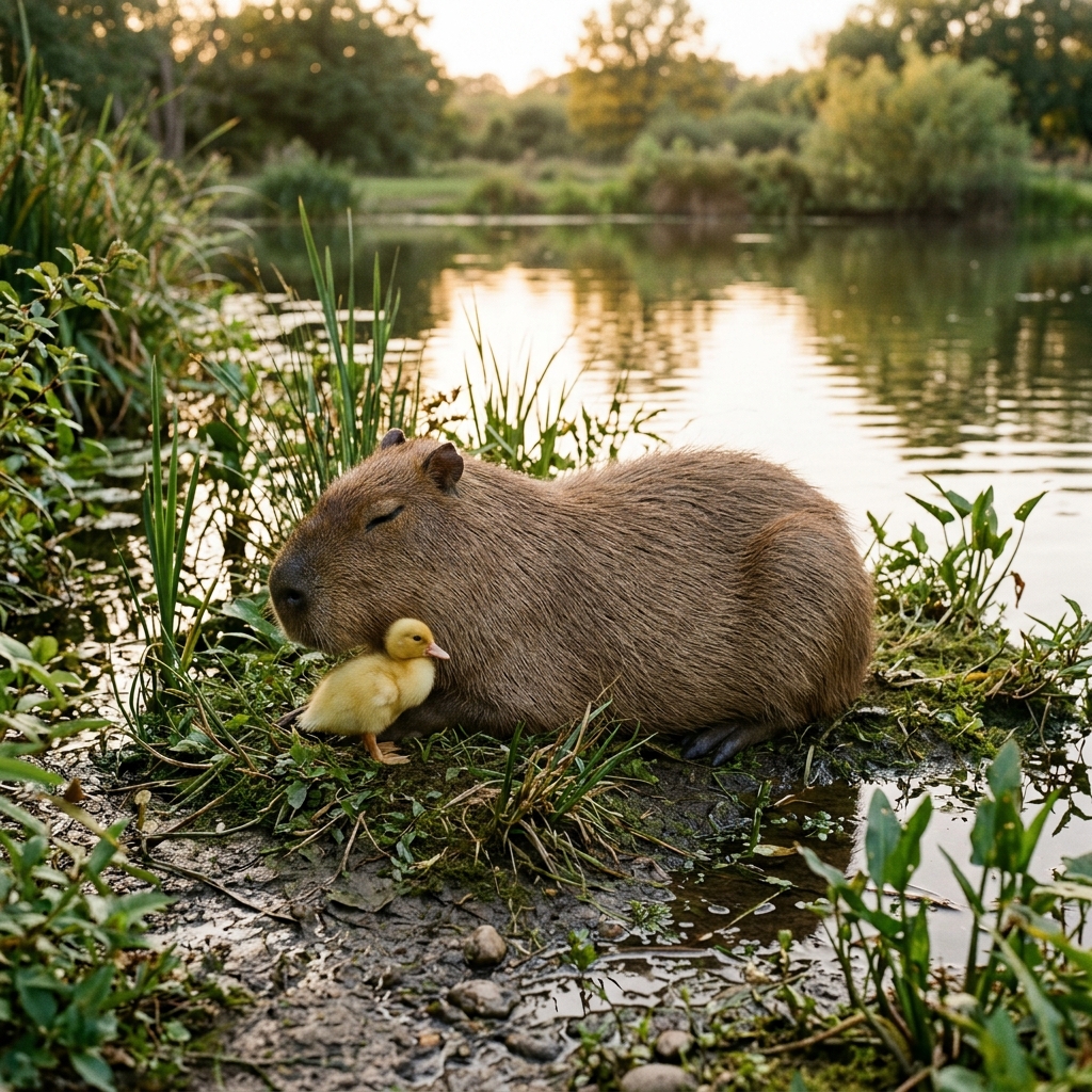 A relaxed capybara rests beside a little yellow duckling near a pond