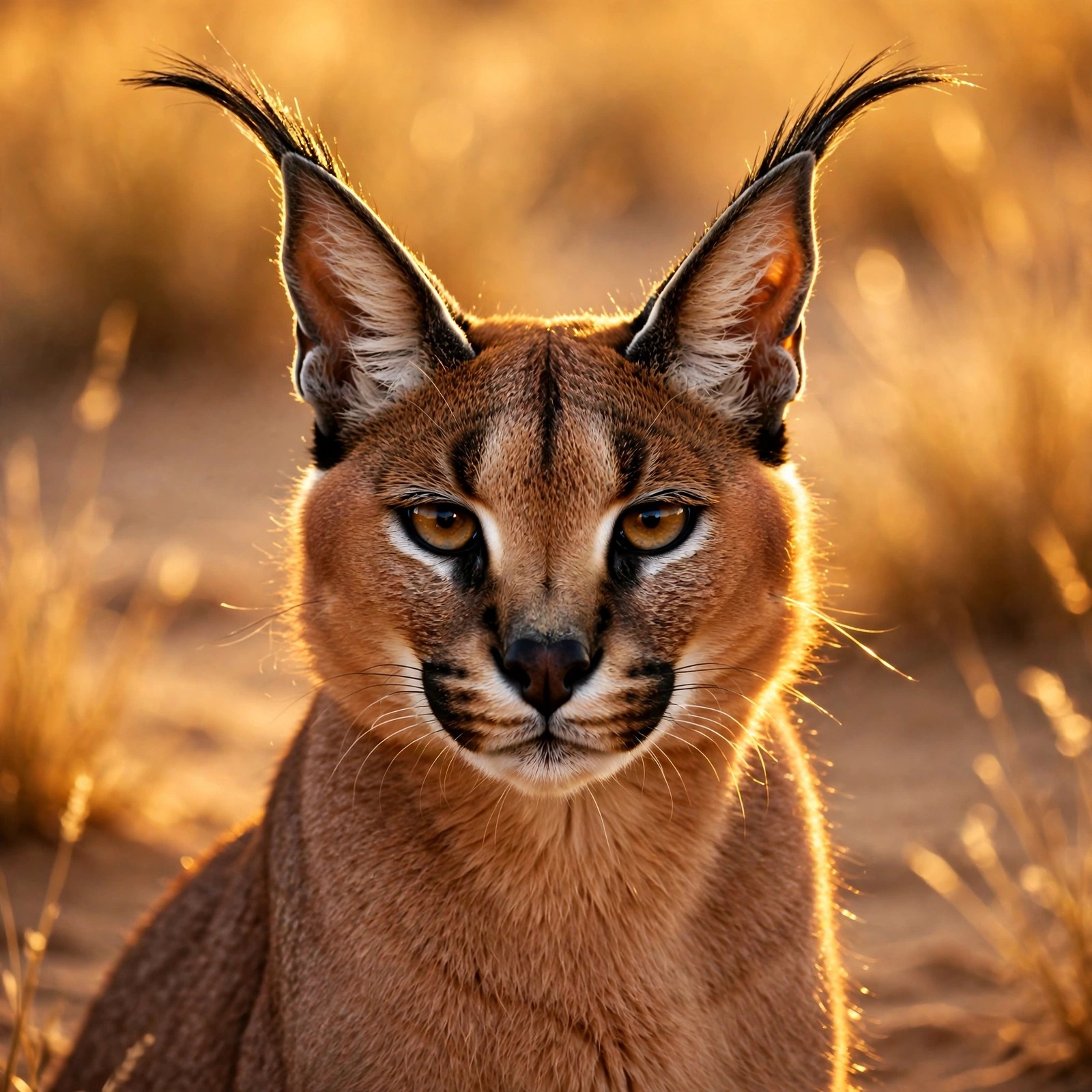 Majestic caracal wildcat portrait with black ear tufts in golden desert light, animal WhatsApp DP