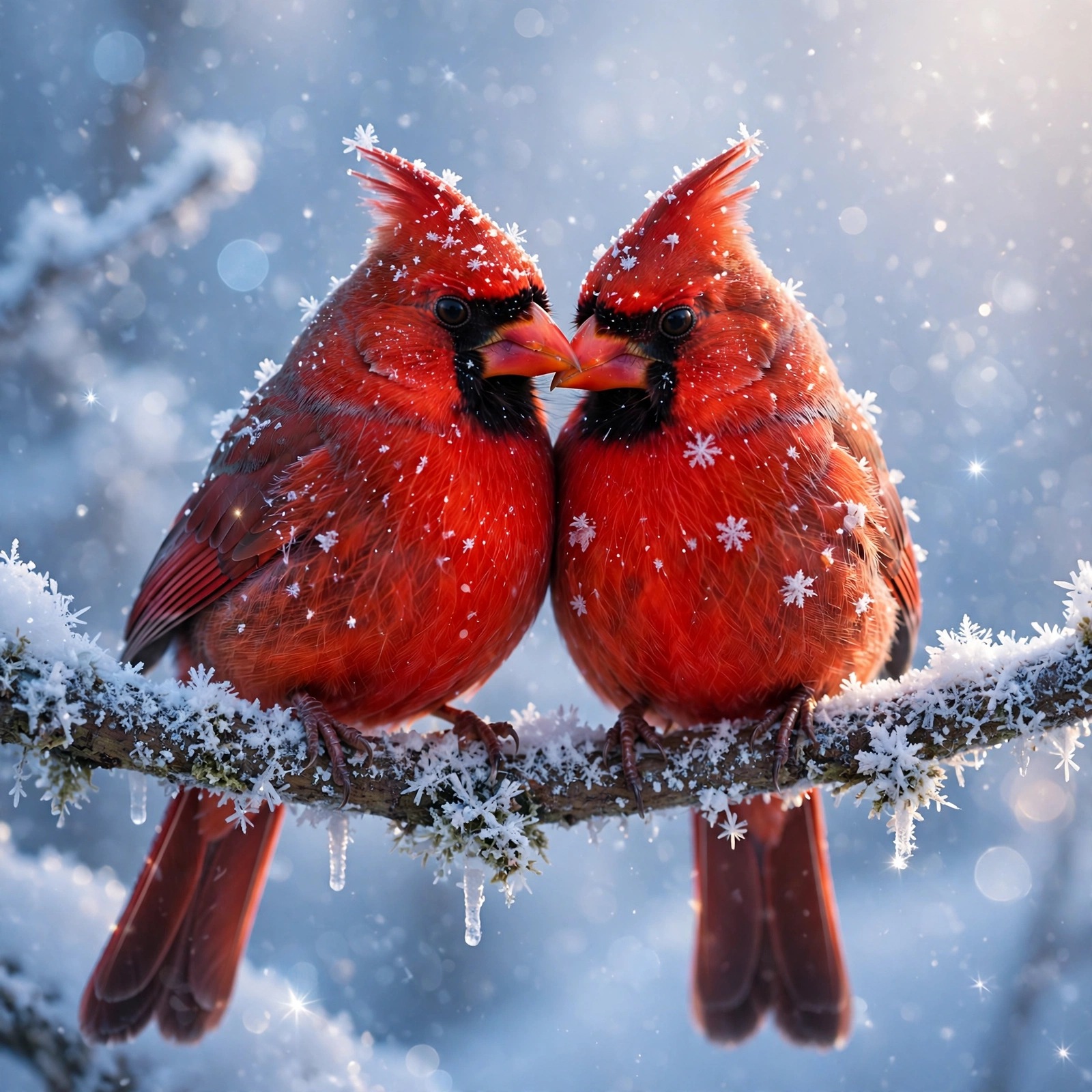 Two red cardinals cuddled on a frosty branch at winter dawn, romantic profile picture