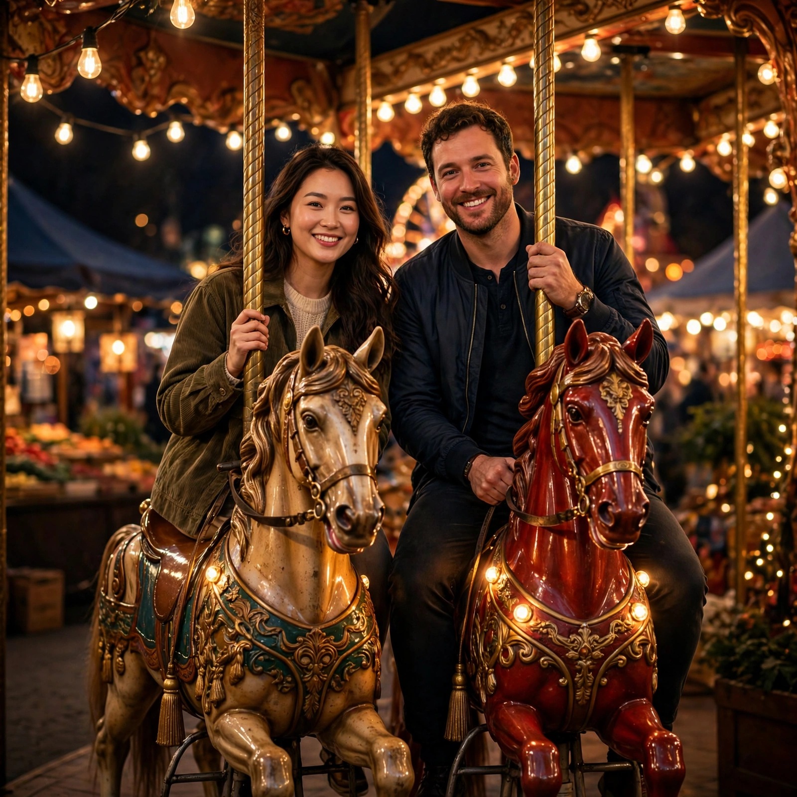 Couple smiling on glowing vintage carousel horses at a night market