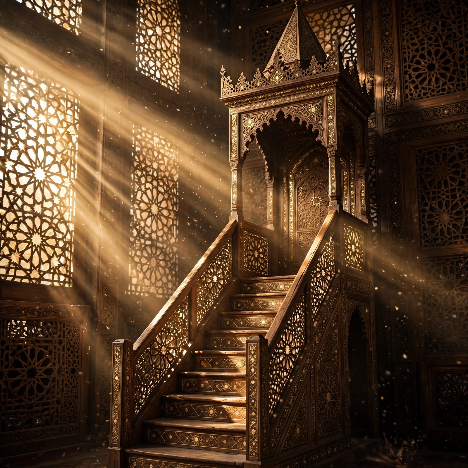 Ornately carved wooden mosque minbar staircase with brass inlay and pointed canopy, golden sun shafts streaming through latticed windows