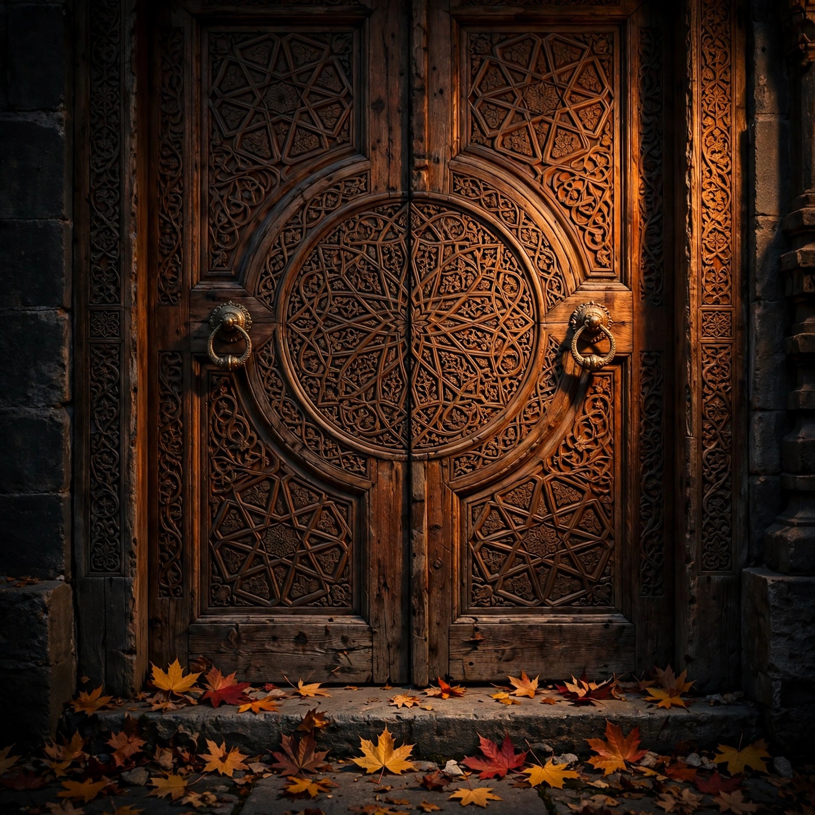 Carved wooden mosque door with brass knockers and autumn maple leaves, Islamic DP