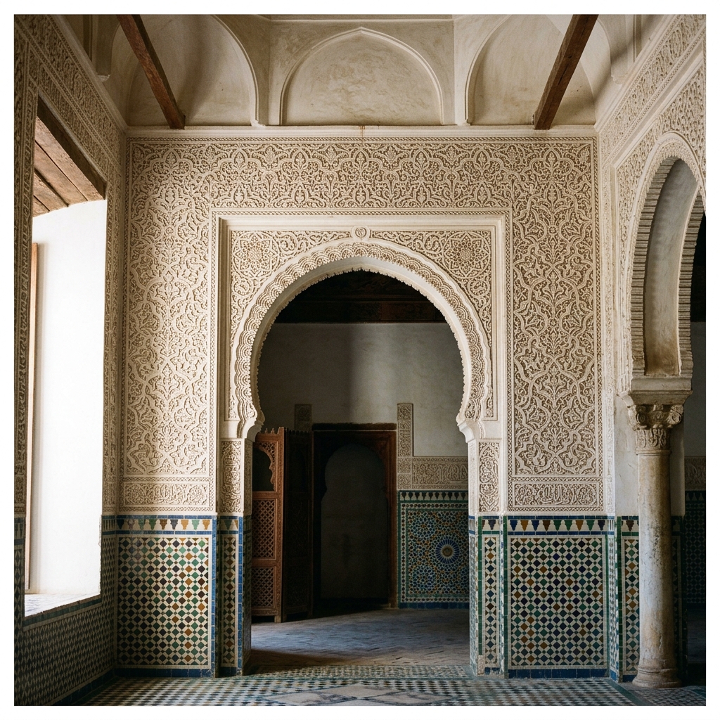 A finely carved plaster arabesque panel catches soft side light