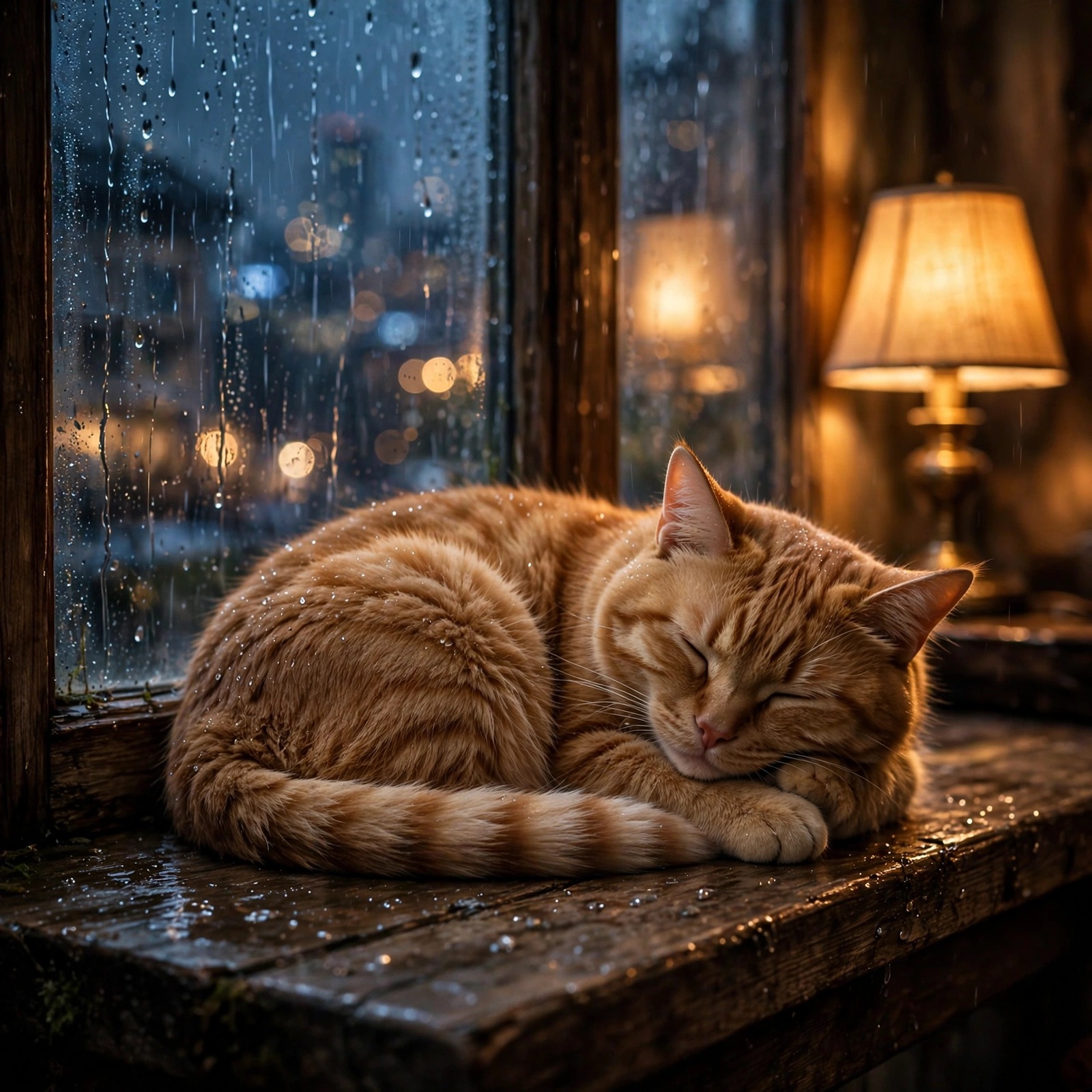 Cat Sleeping Rainy Windowsill - square aesthetic WhatsApp DP