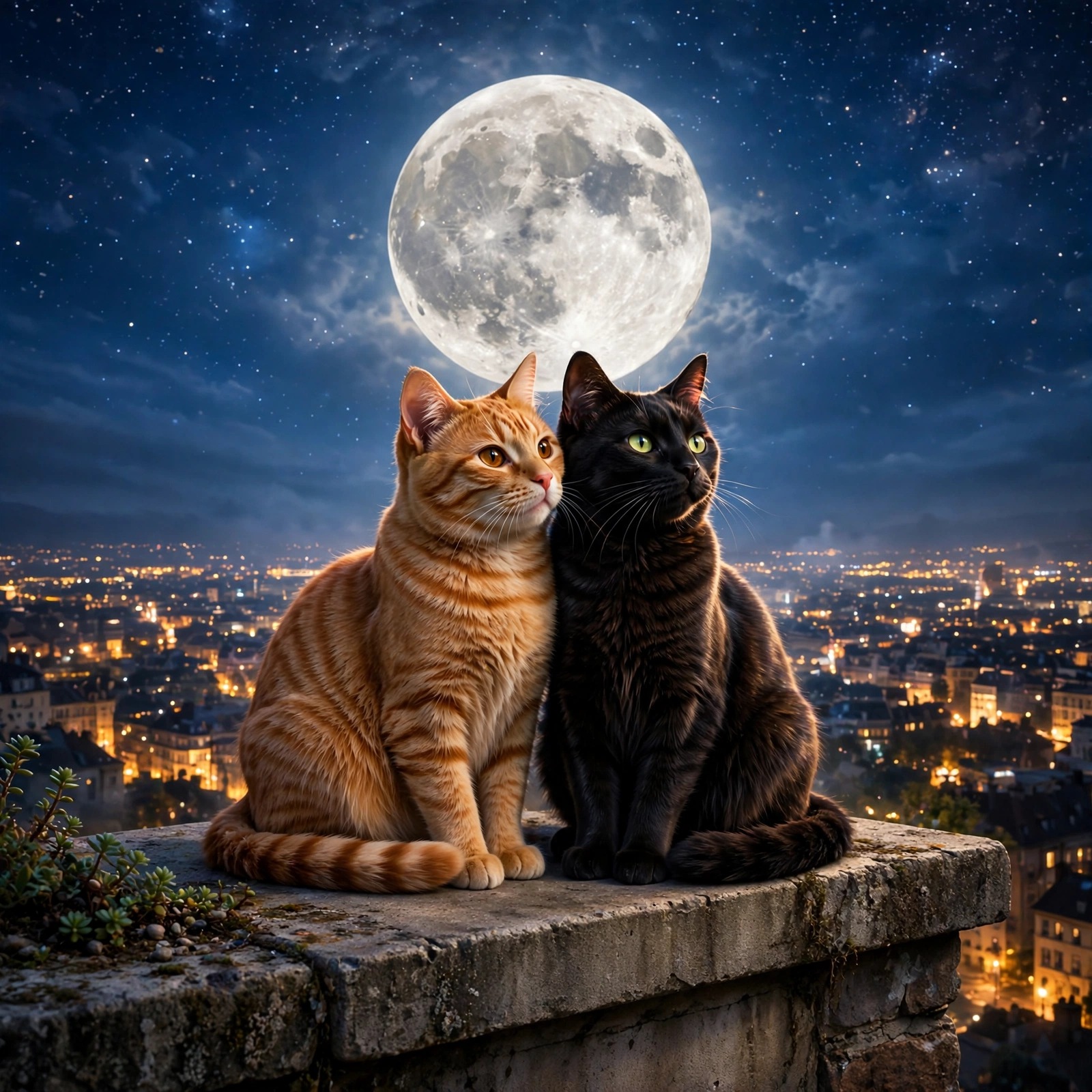 two cats sitting on moonlit rooftop friendship dp