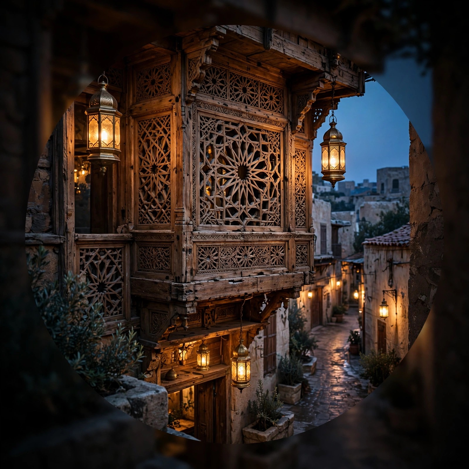 Cedar Mashrabiya Balcony at Dusk