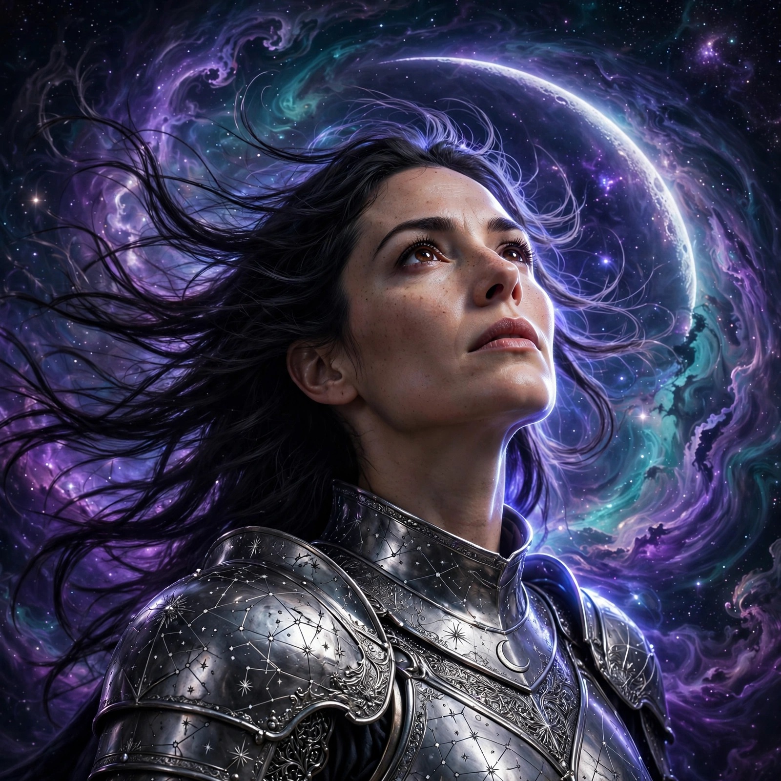 Celestial knight woman in starlight armor against a violet and teal nebula, square DP
