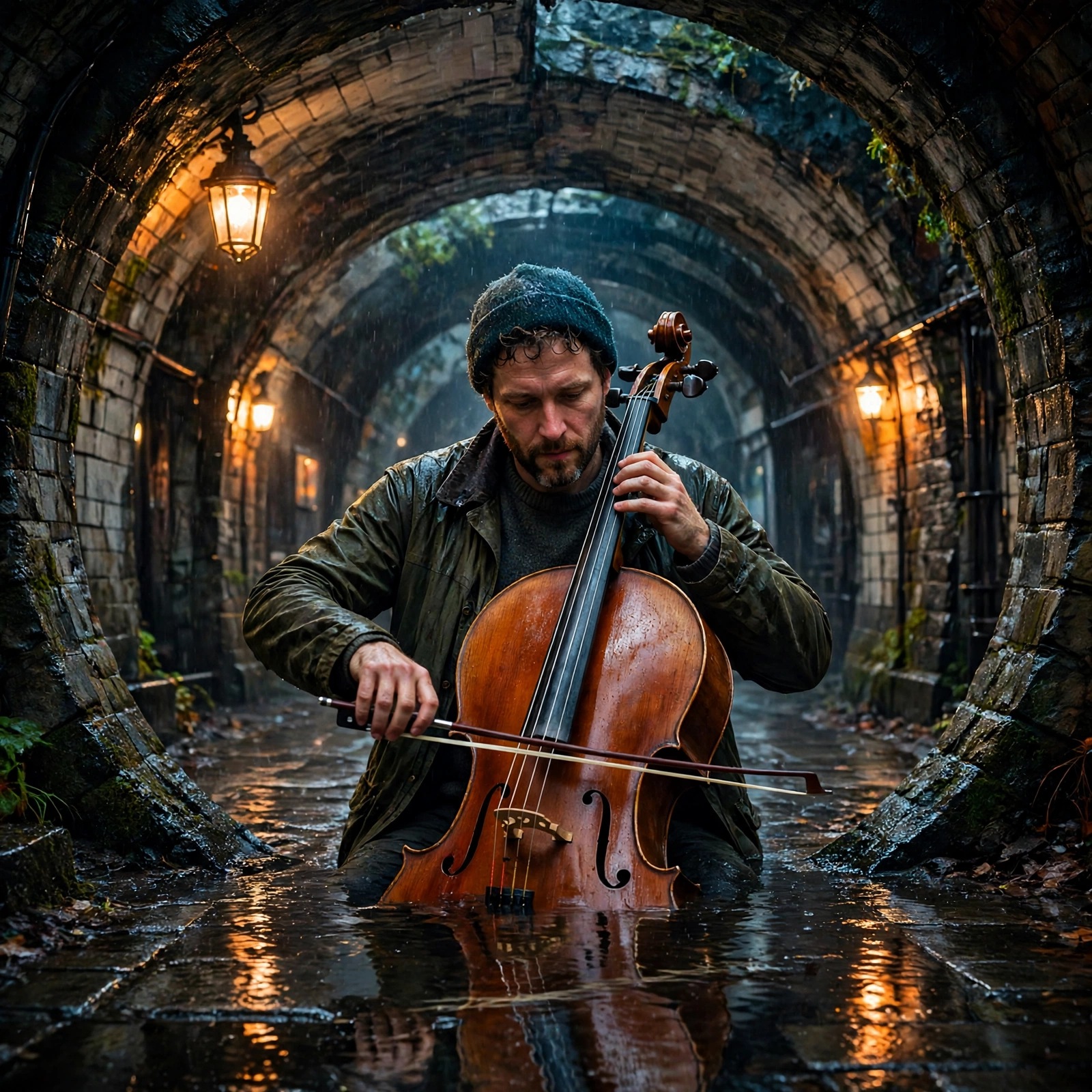 Cello busker playing in a rainy subway arch profile picture