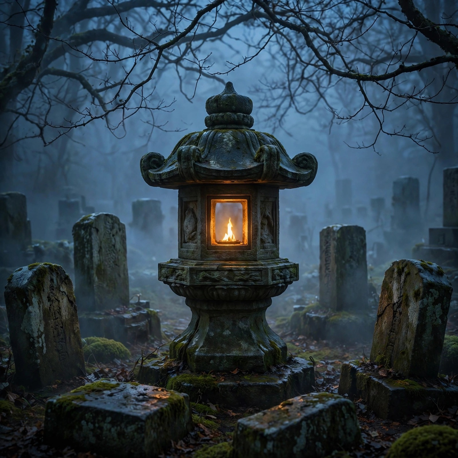 stone lantern glowing among weathered tombstones in mist sad dp