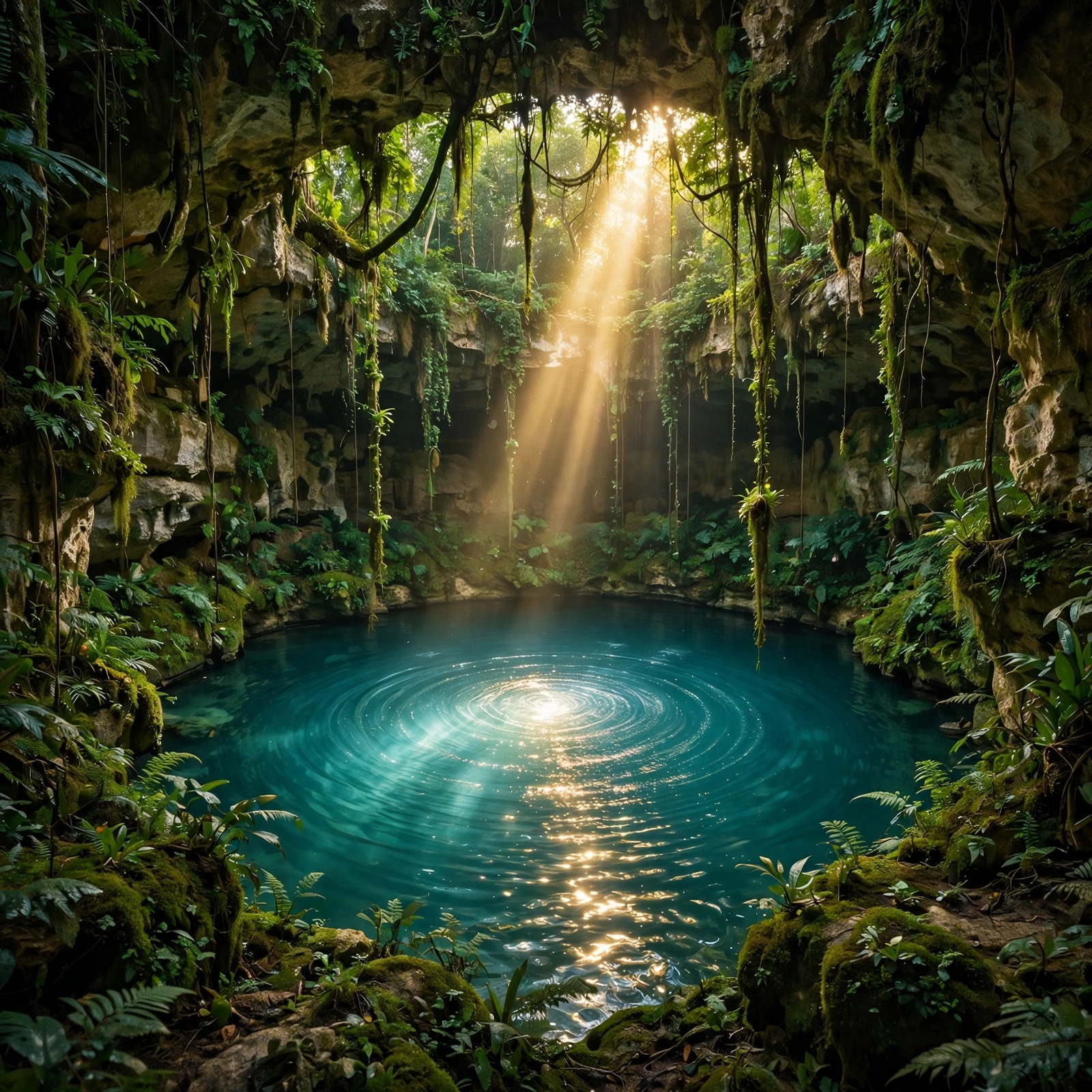 Sunbeam piercing into turquoise cenote water in hidden jungle, square nature WhatsApp DP