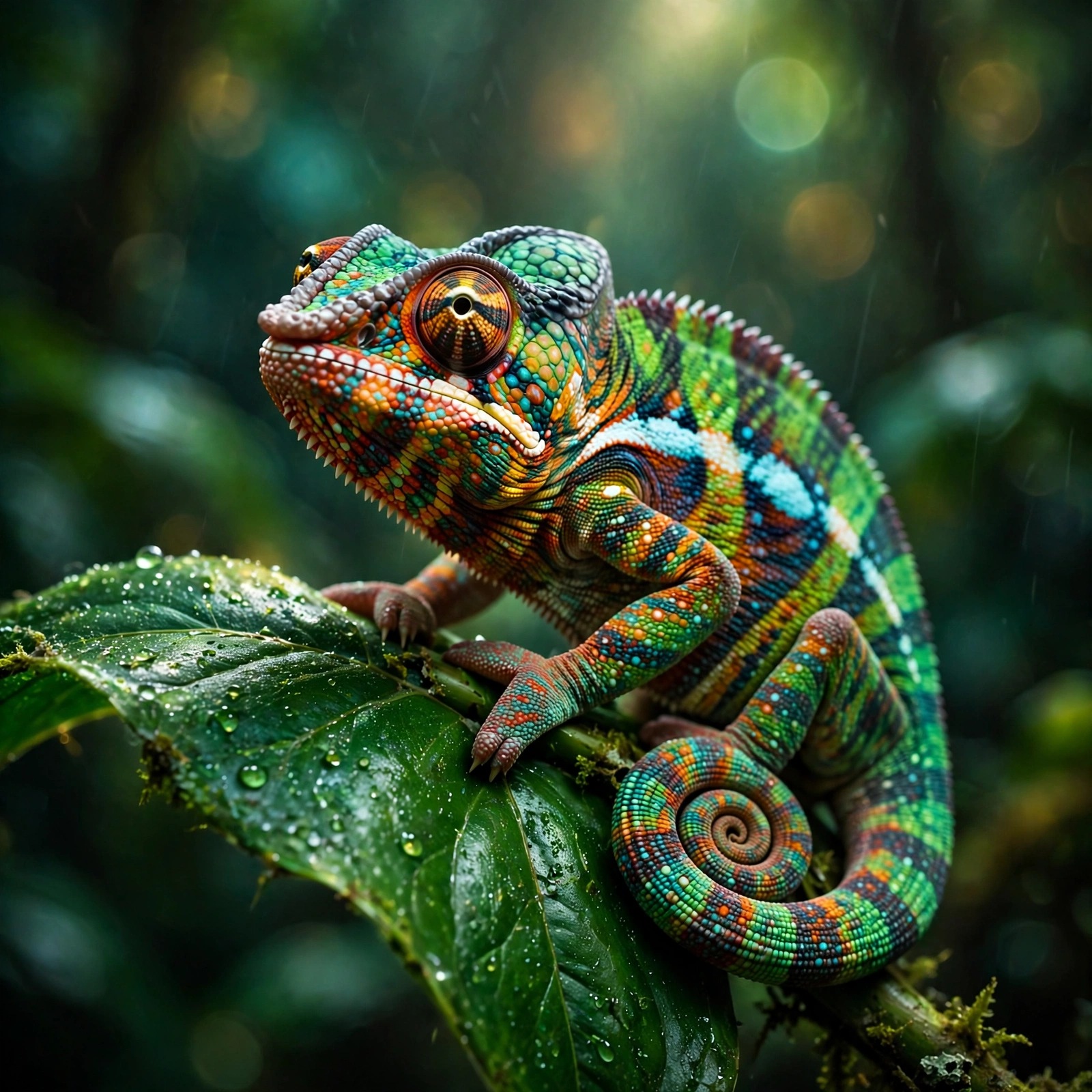 Panther chameleon macro portrait on an emerald leaf