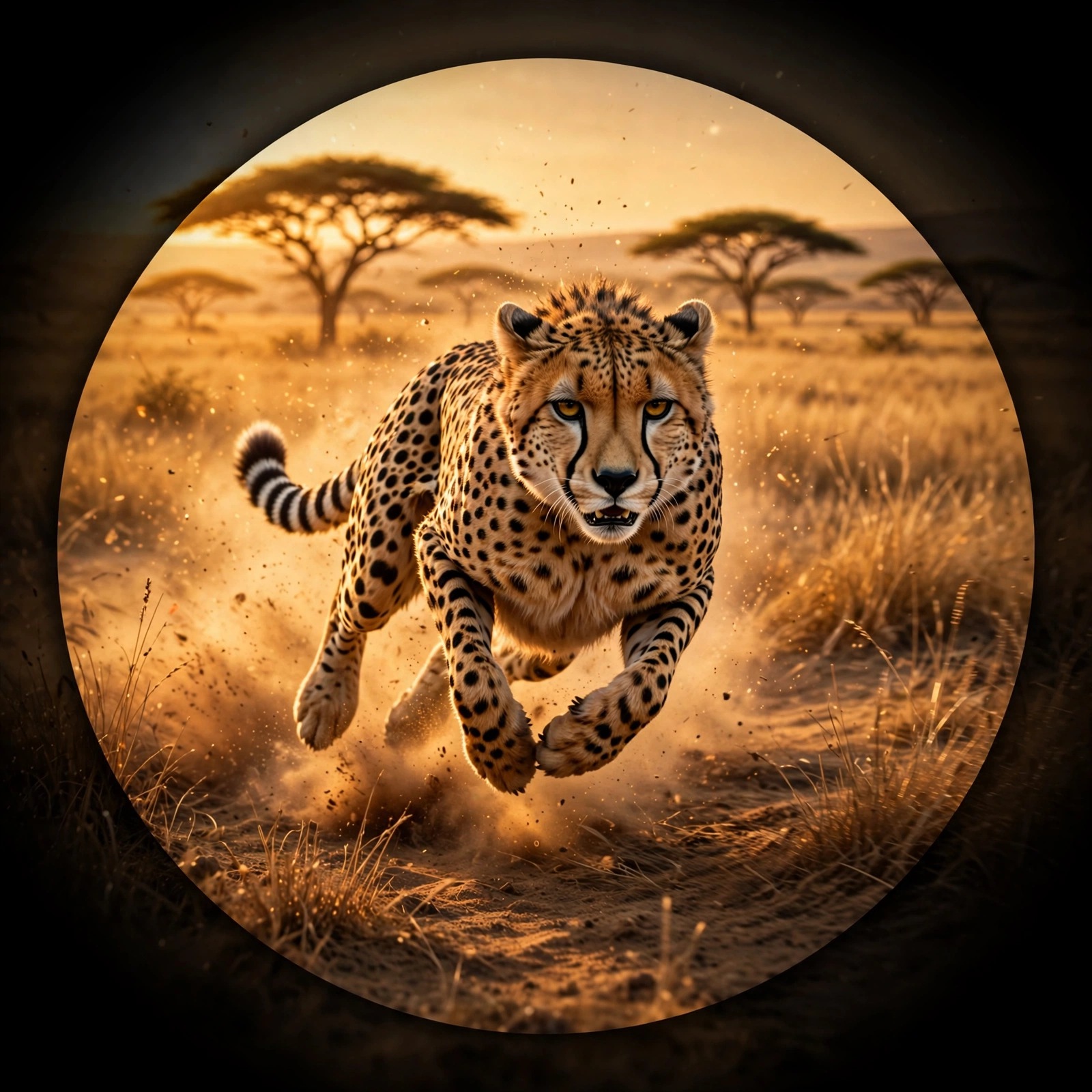 Cheetah sprinting across golden savanna dust, motivational DP