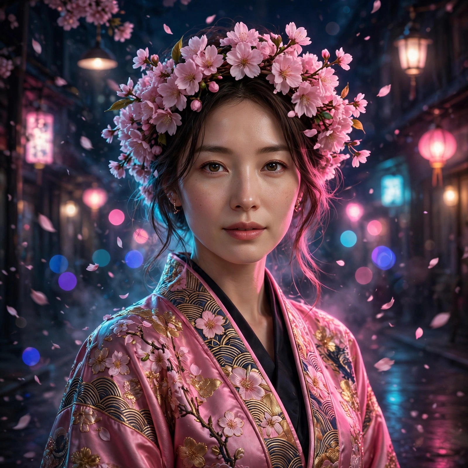 Woman with cherry blossom flower crown on a neon-lit night street, square DP
