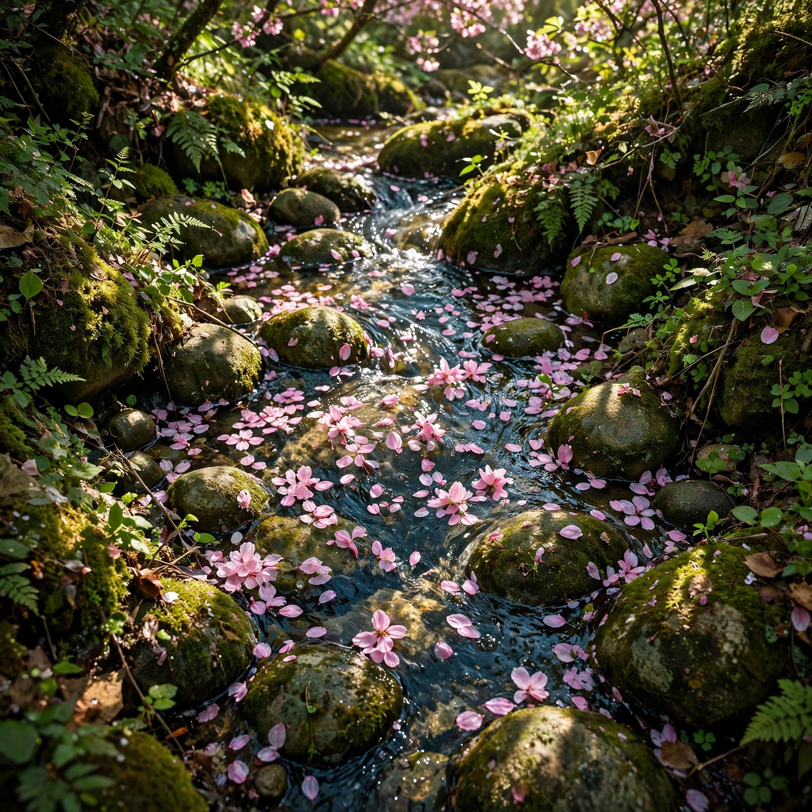 Cherry blossom petals drifting on a clear stream over stones