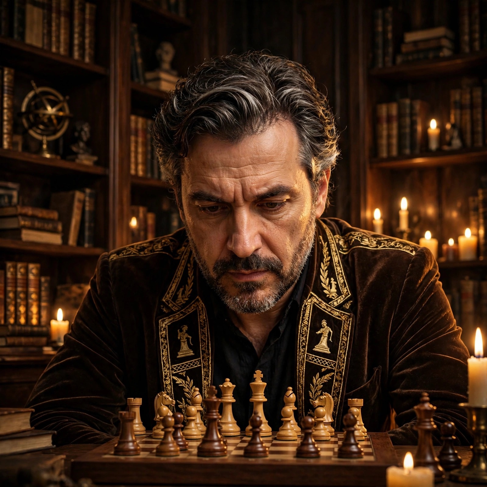 a fictional adult man chess grandmaster leaning over a chessboard in a candle-lit study lined with towering bookshelves. boys dp