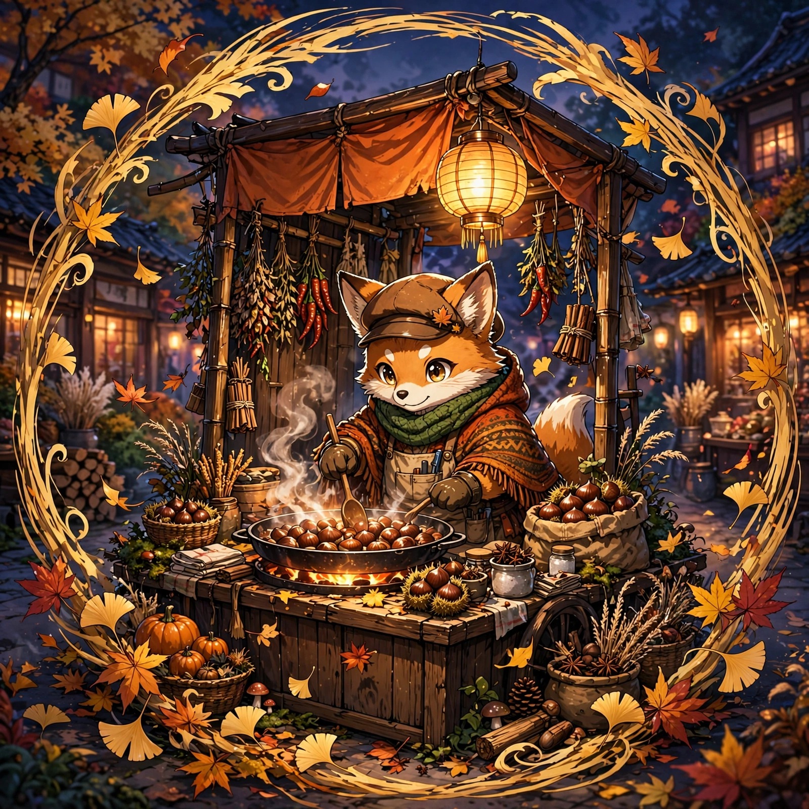 Anime fox vendor roasting chestnuts at an autumn stall
