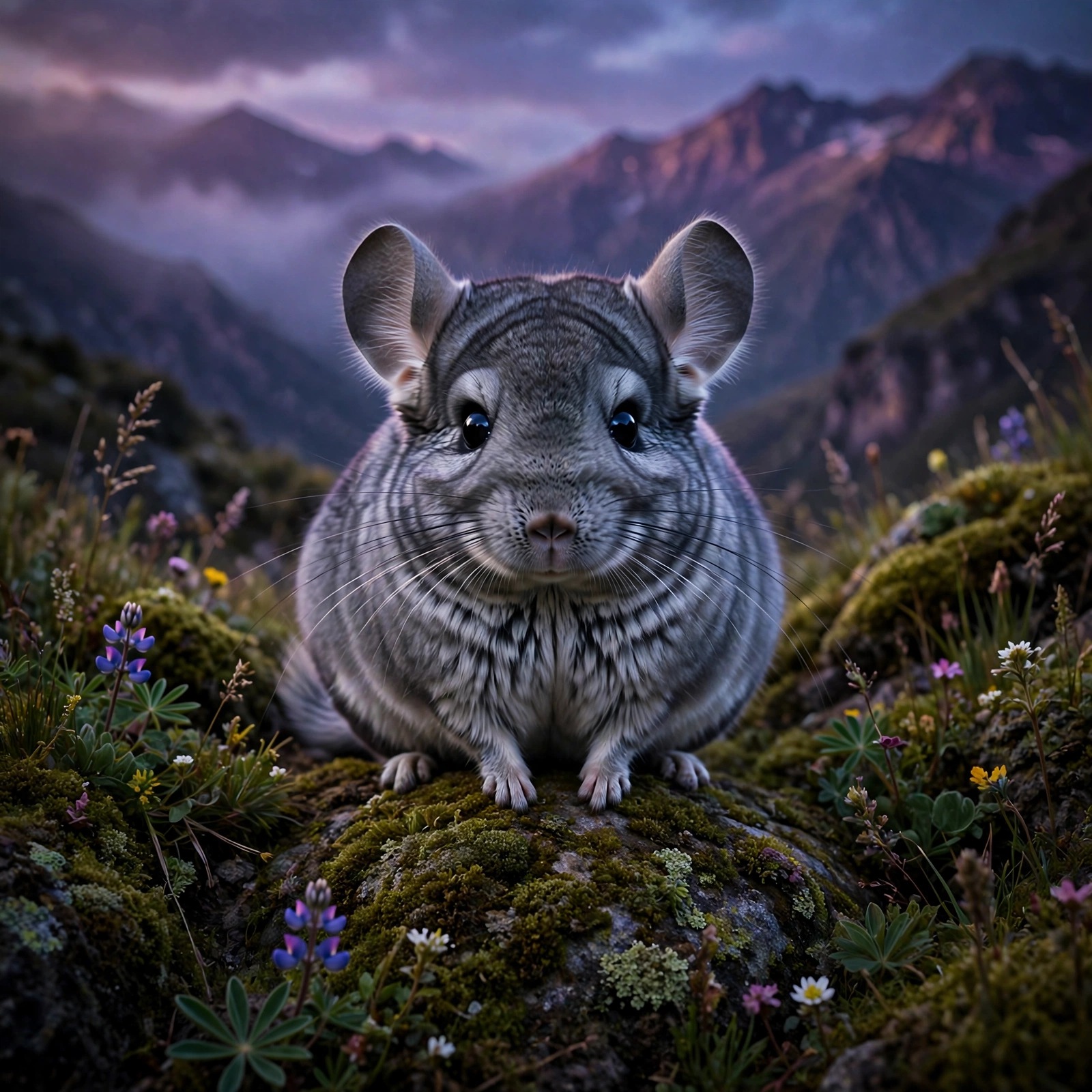 Grey chinchilla with large dark eyes sitting on a mossy rock at Andean dusk