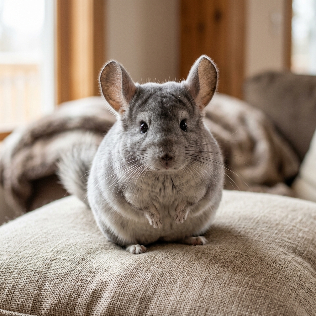 A silver chinchilla sits on a linen cushion with its ears raised