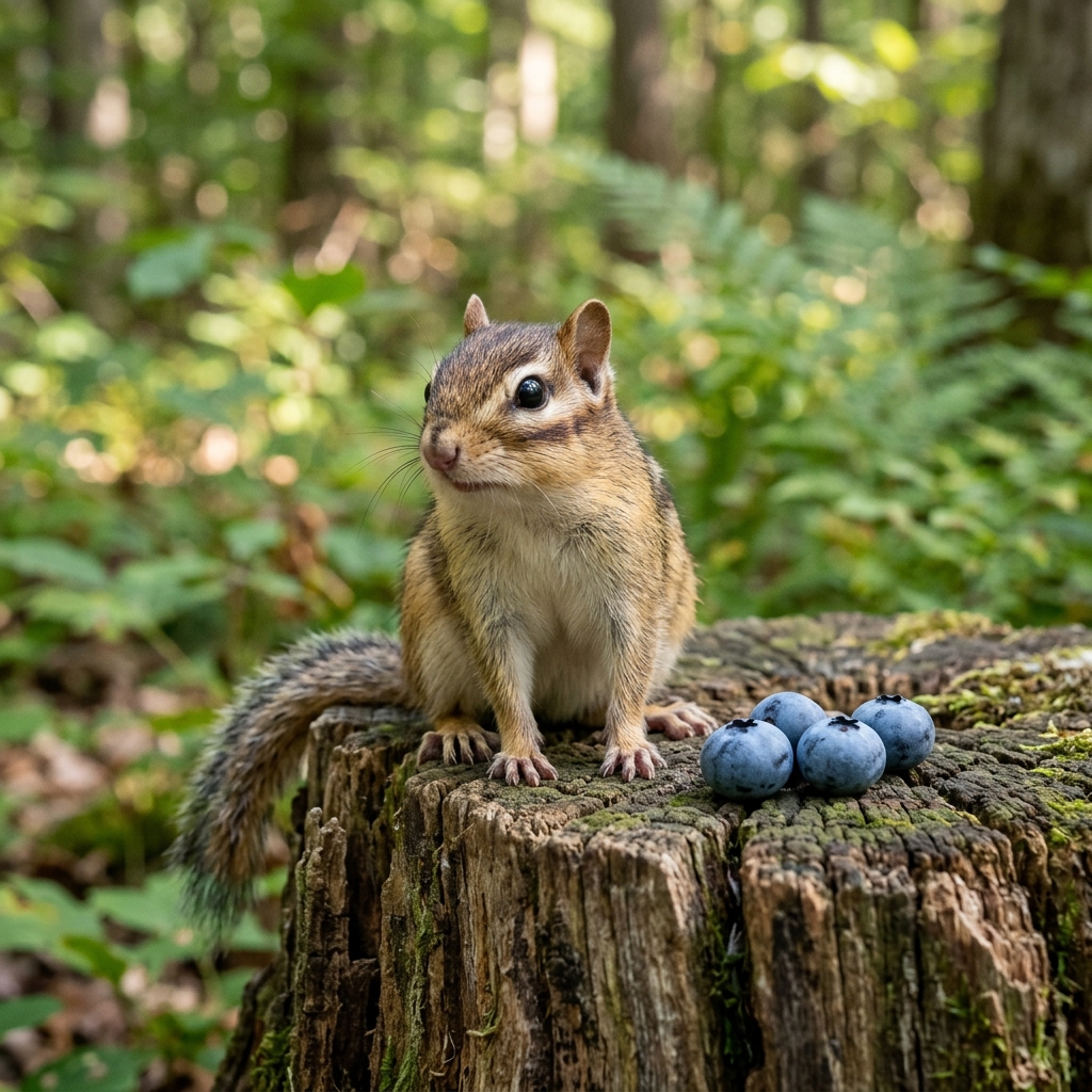 A chipmunk sits beside a few blueberries on a weathered stump