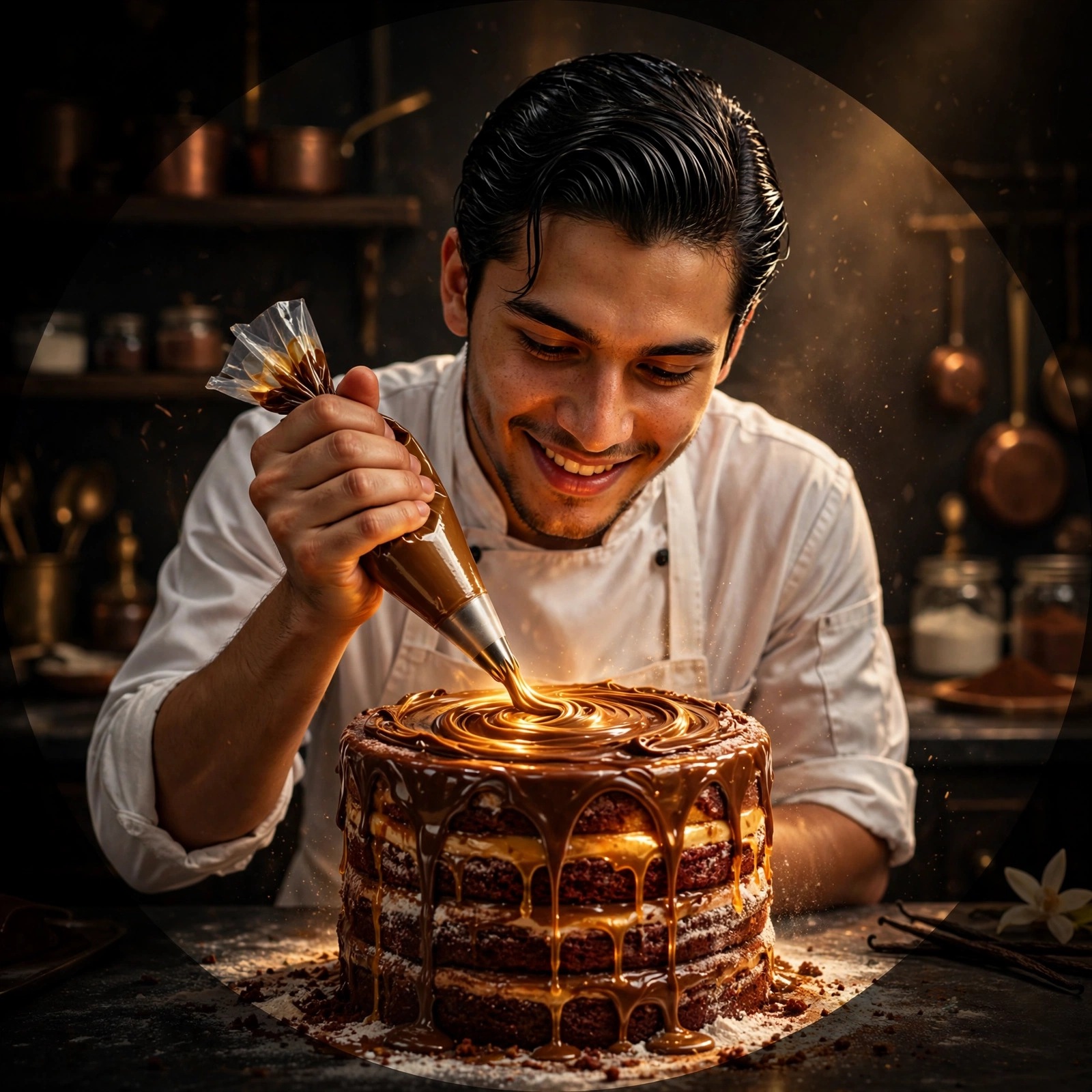 young pastry chef piping chocolate cake