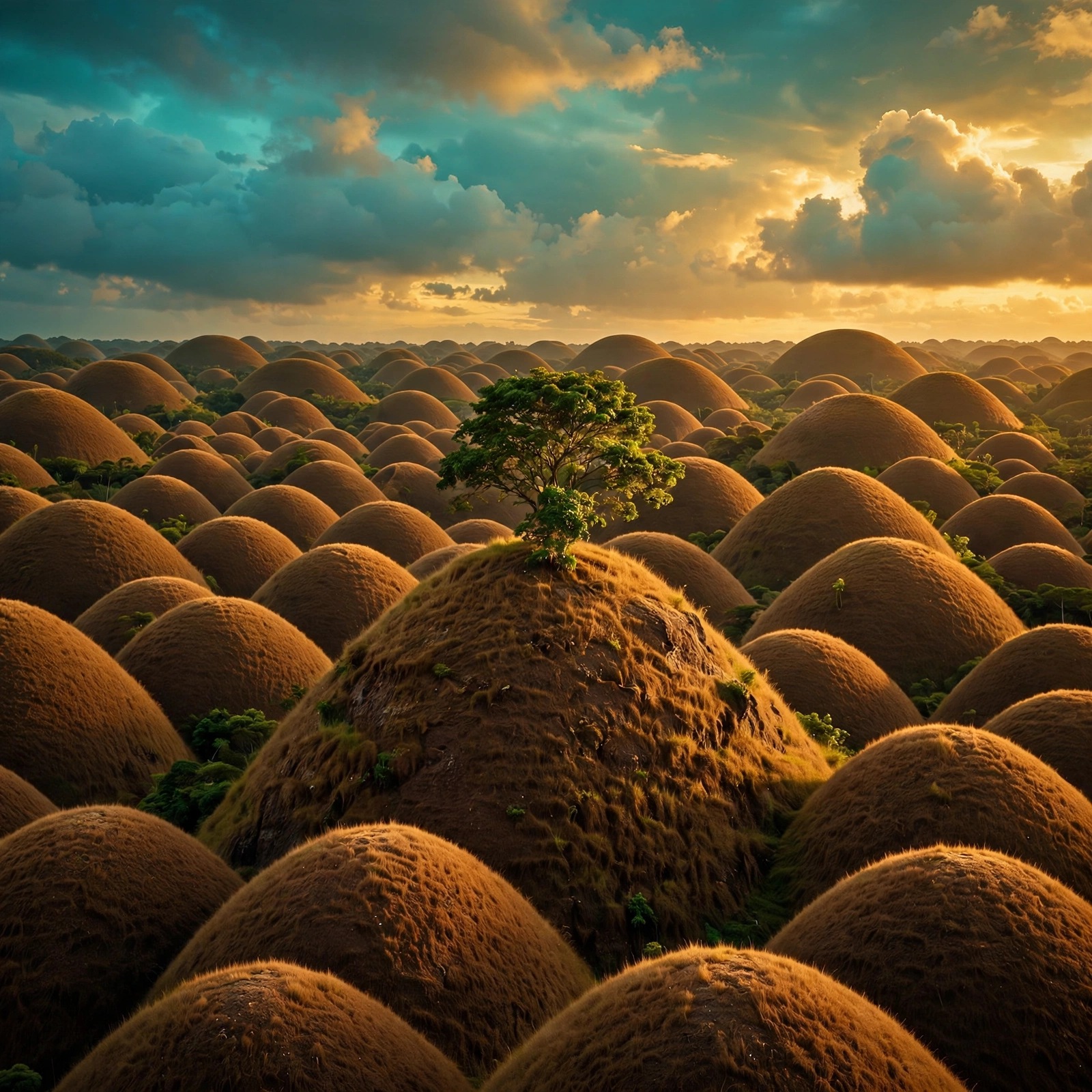 Chocolate Hills of Bohol glowing amber at golden hour, square nature WhatsApp DP