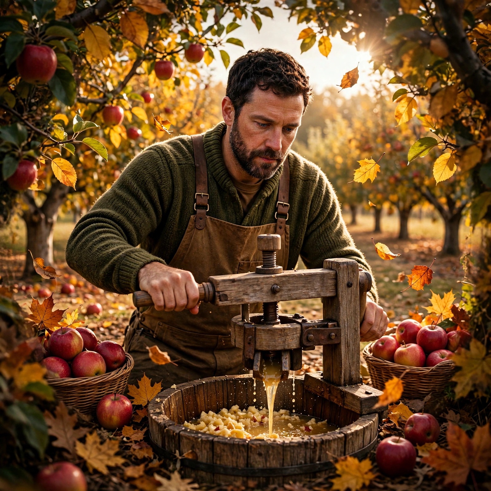 Man pressing apples at a wooden cider press in an autumn orchard