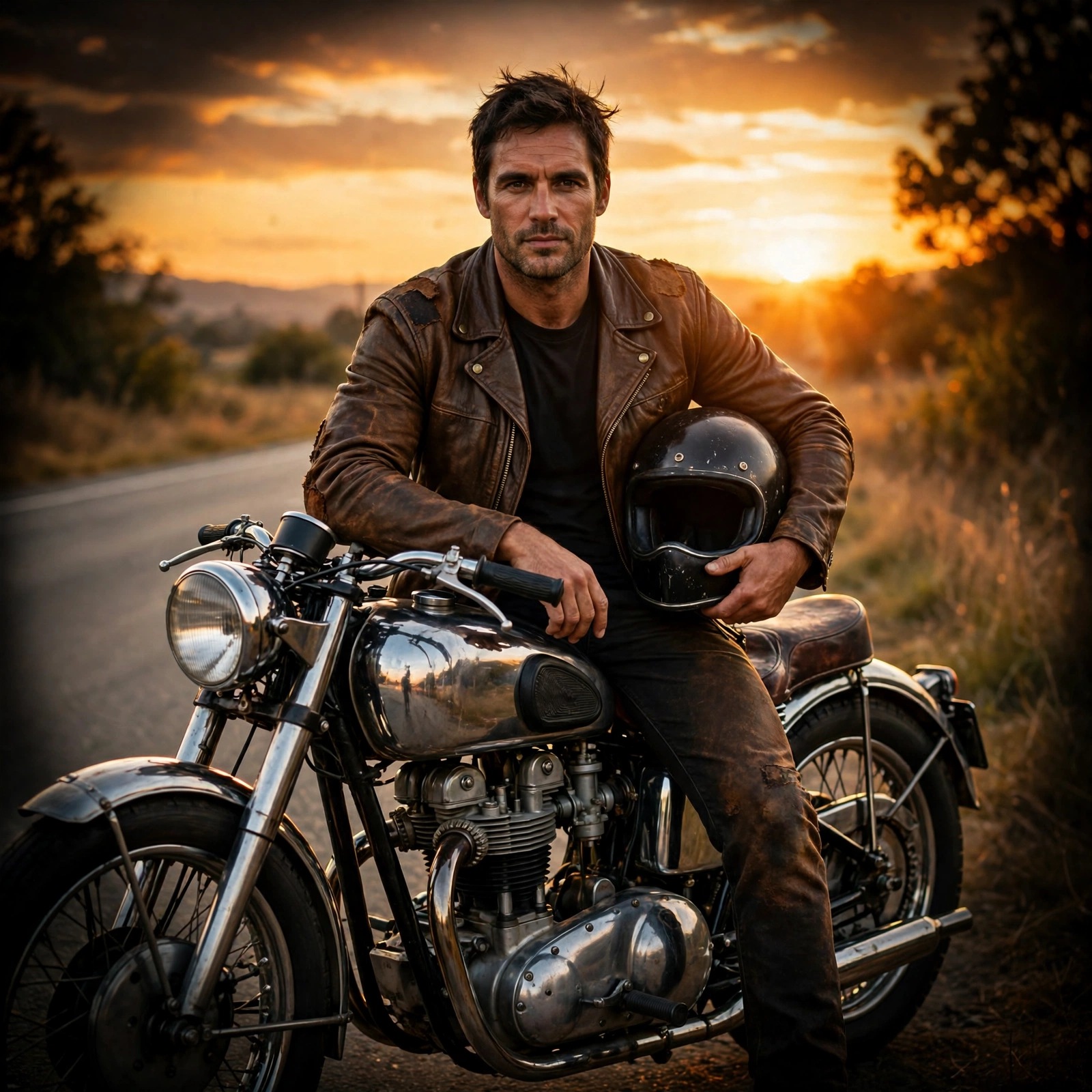 Confident motorcycle racer attitude profile picture at sunset