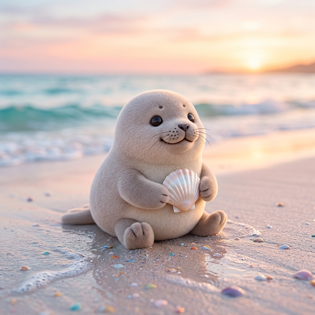 A rounded soft 3D seal holds a pearly shell on a pastel beach