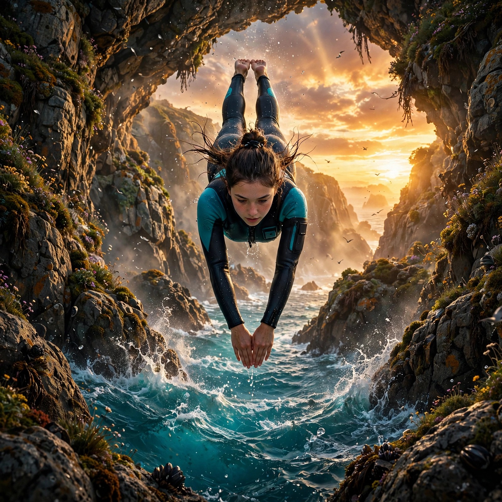 Cliff Diver Plunging at Sunset