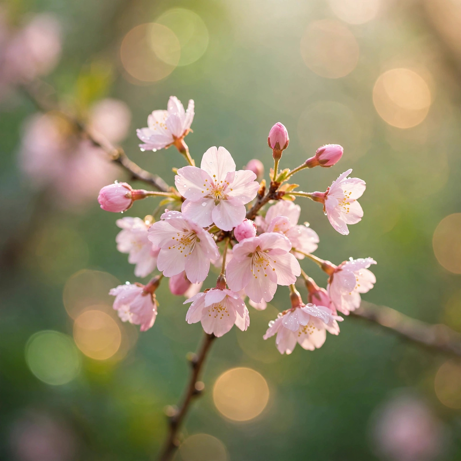 Close-up of a spring blossom branch with soft pink petals against dreamy bokeh