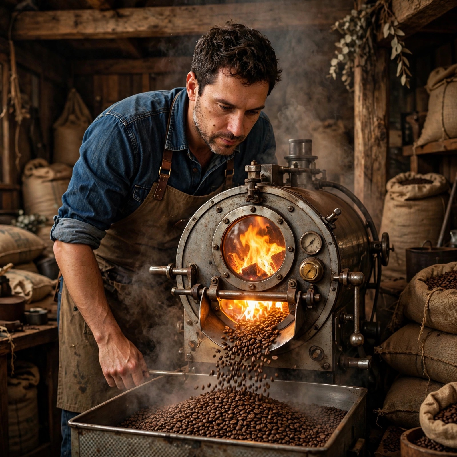 Artisan coffee roaster at a glowing drum roaster machine with cascading beans in a warm roastery, square boys DP
