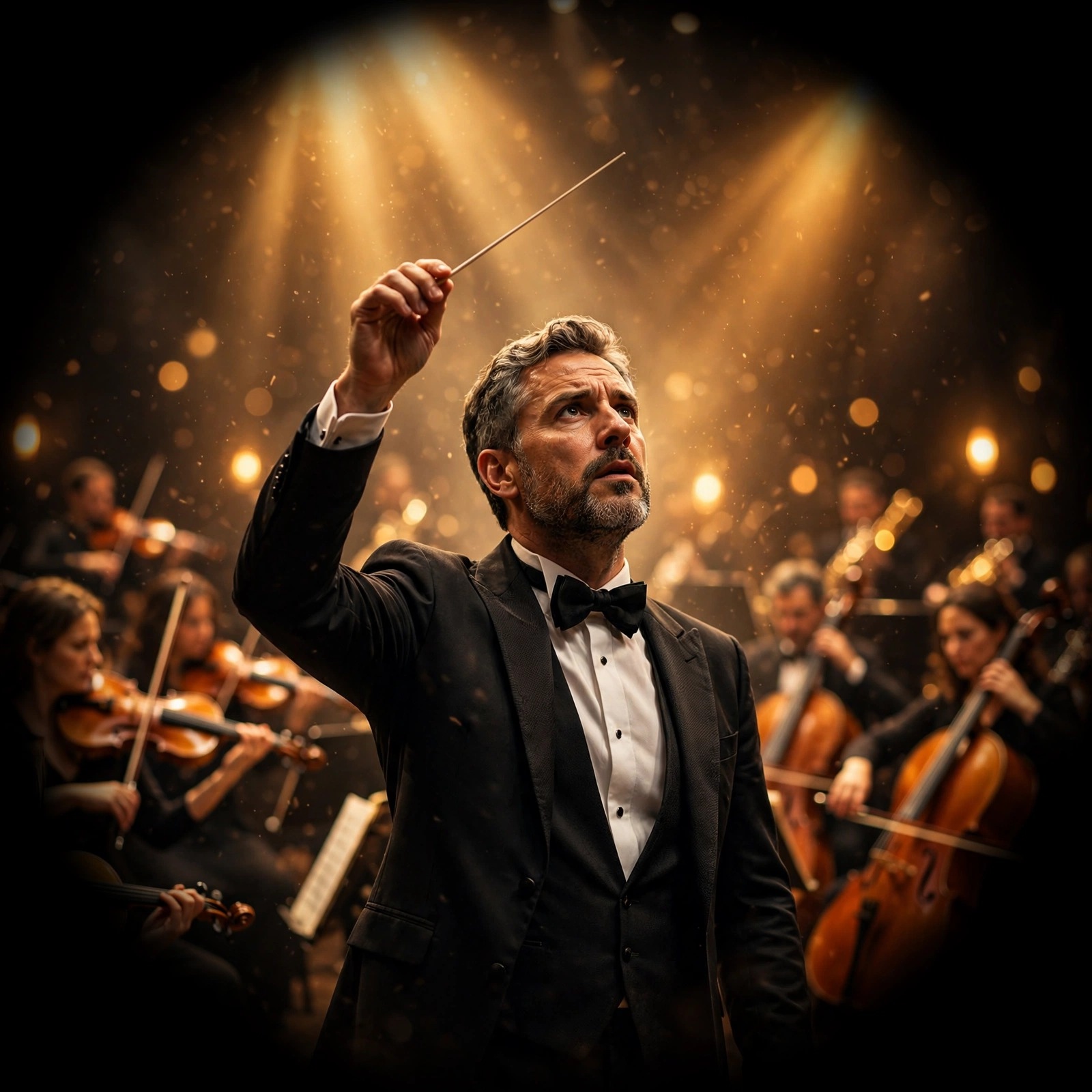 Orchestra conductor under golden stage lights, motivational DP