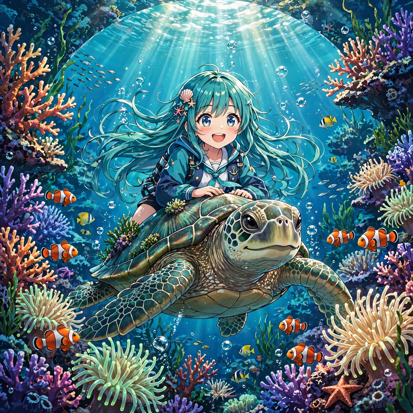 Joyful teal-haired girl riding a sea turtle through a vivid coral reef