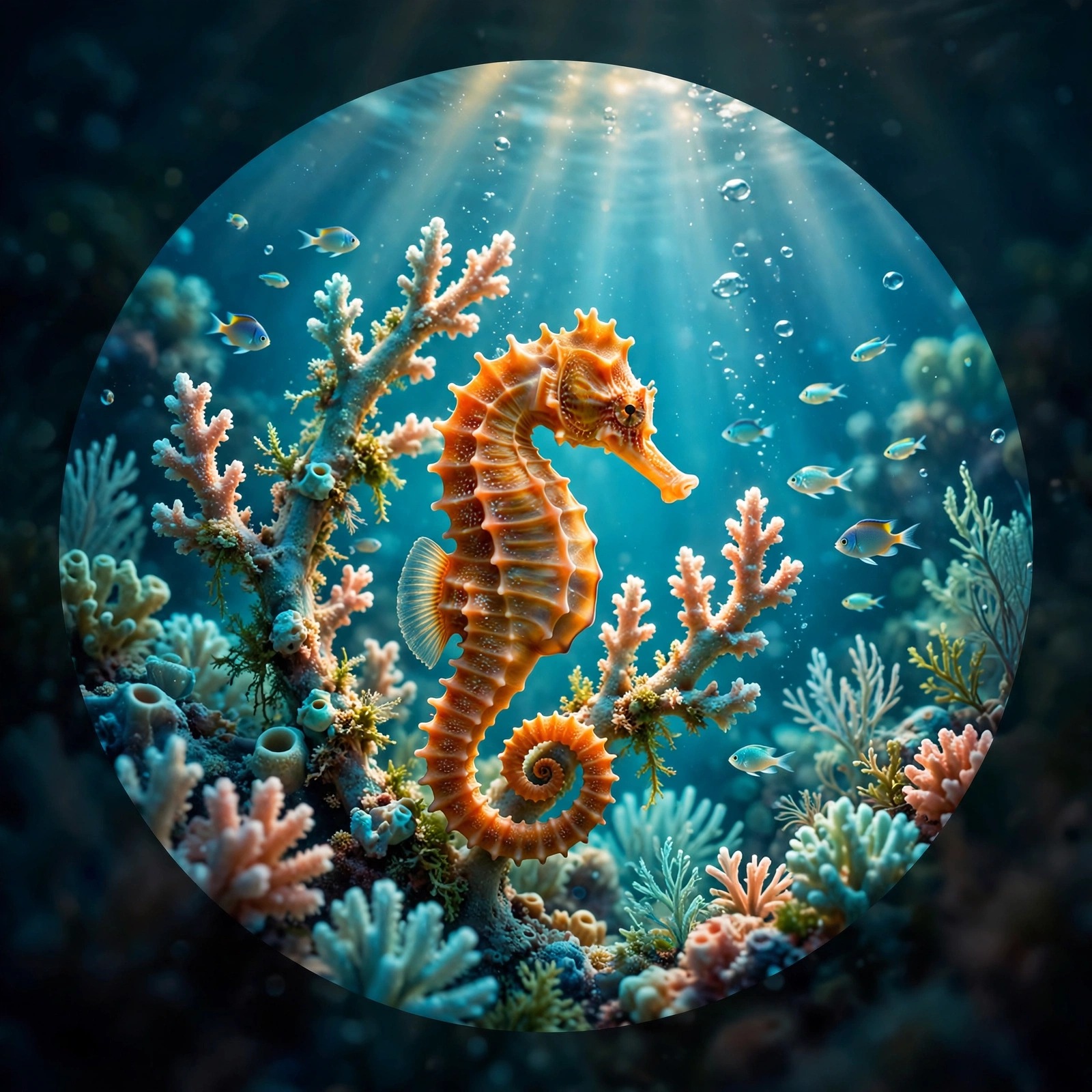 Orange seahorse curled around coral in a glowing turquoise reef