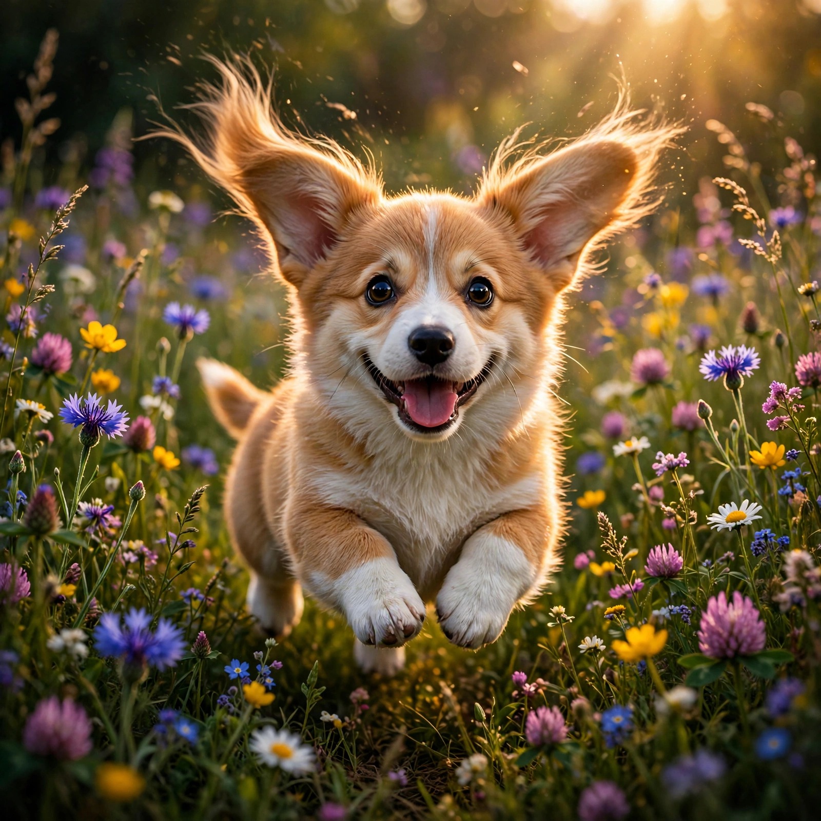 Happy corgi puppy running through a wildflower meadow with ears flying in golden light