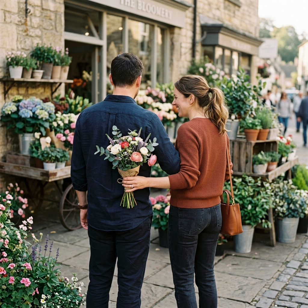An adult couple shares flowers outside a flower shop, seen in a rear three-quarter view with one partner in profile