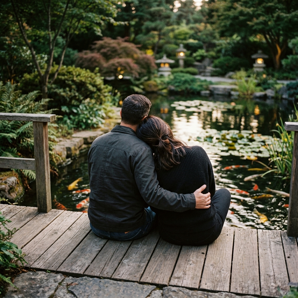 An adult couple sits closely on a wooden deck overlooking a koi pond, rear view