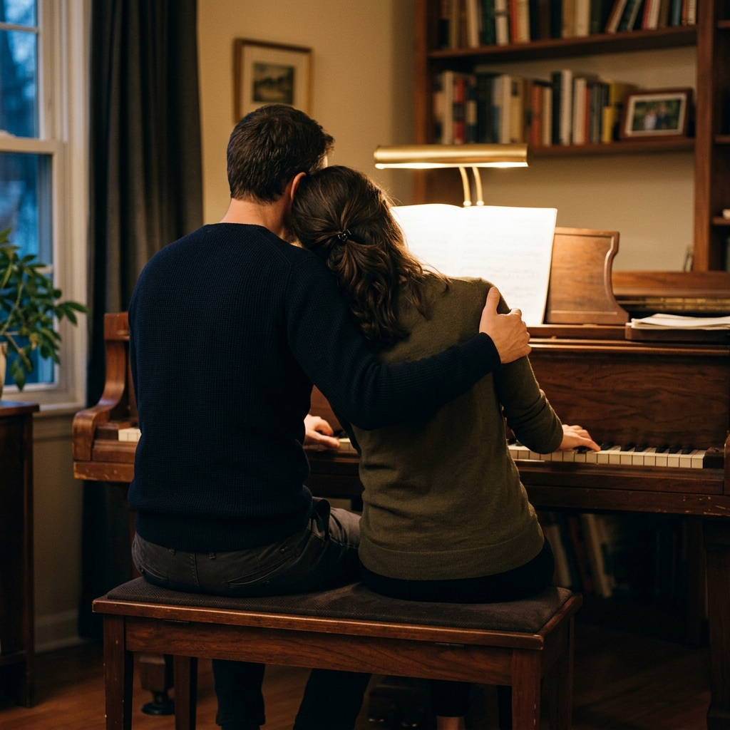 An adult couple sits side by side at a piano in a softly lit room, viewed from behind