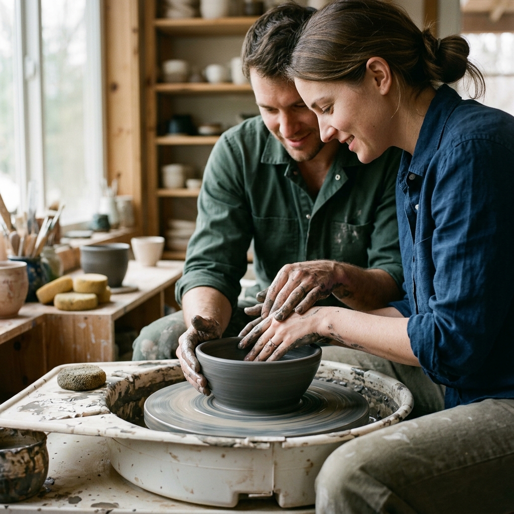 An adult couple works together on one clay bowl at a pottery wheel, close framing of adult hands and clay