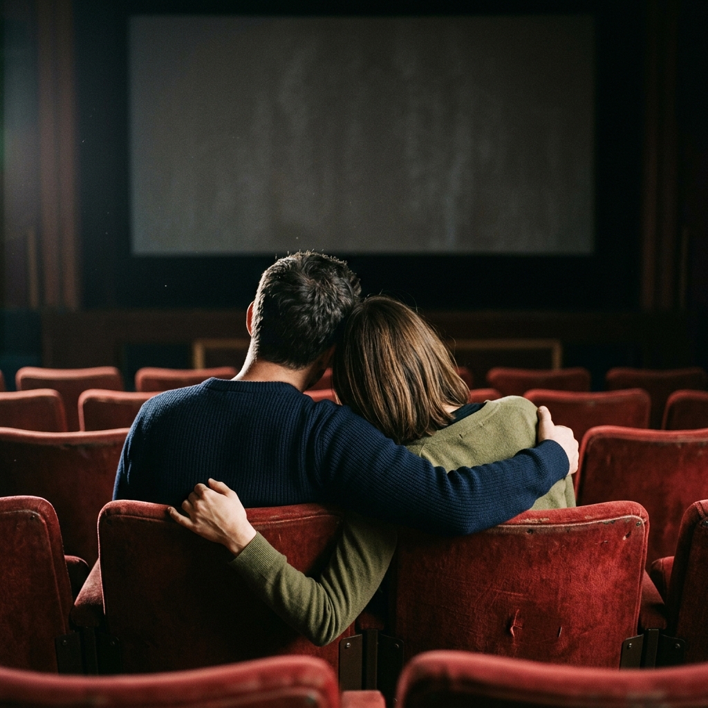An adult couple sits together in the back row of a cozy old cinema facing a blank screen, rear view