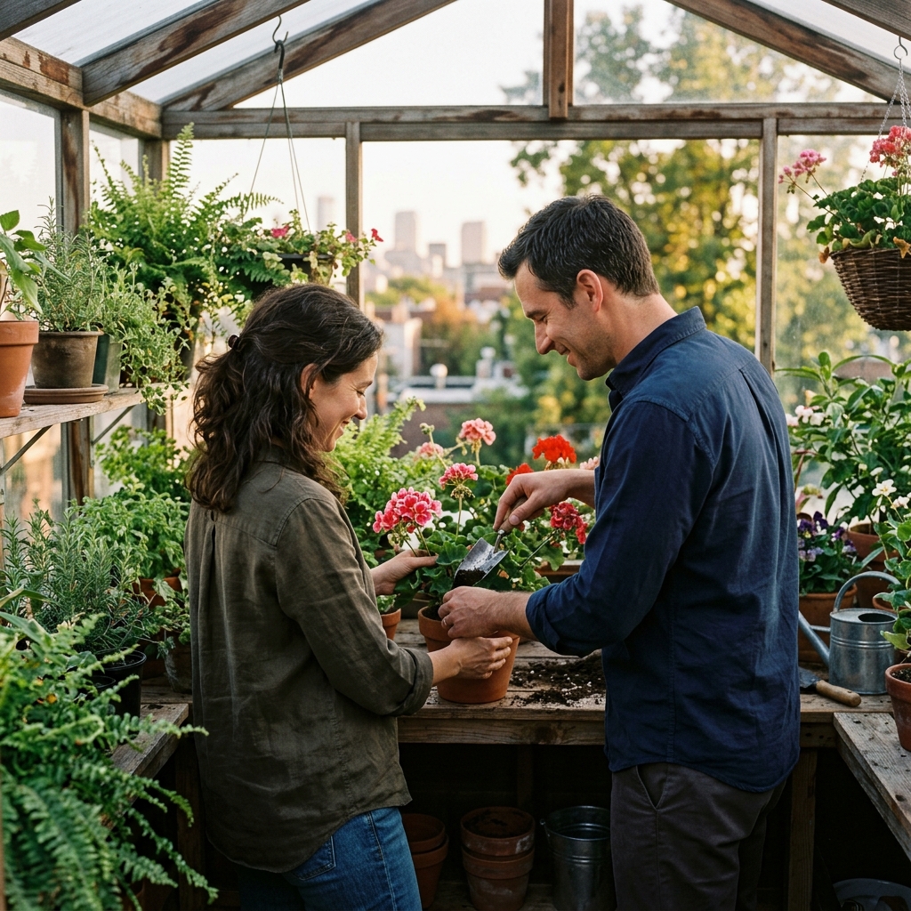 An adult couple tends a flowering pot together inside a rooftop greenhouse, rear three-quarter view